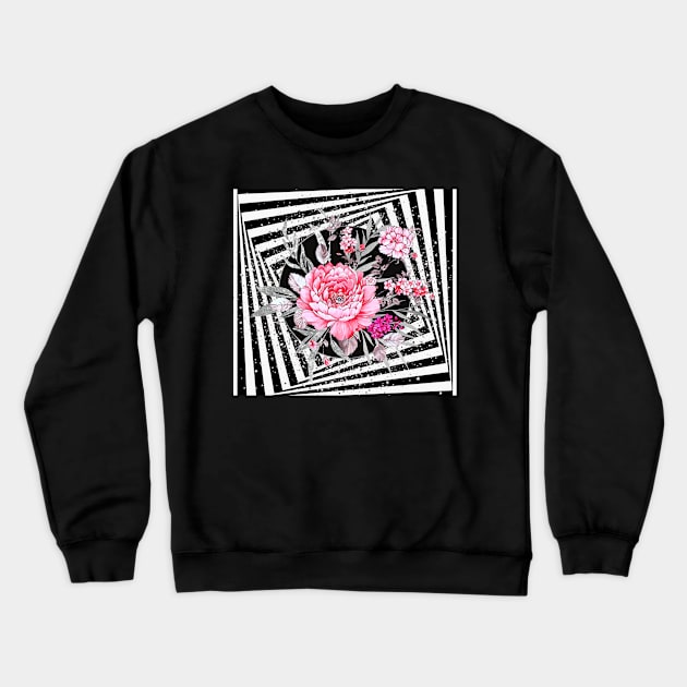 Pink Flowers ,Silver Leaves in Black and White Illusion Crewneck Sweatshirt by Smiling-Faces